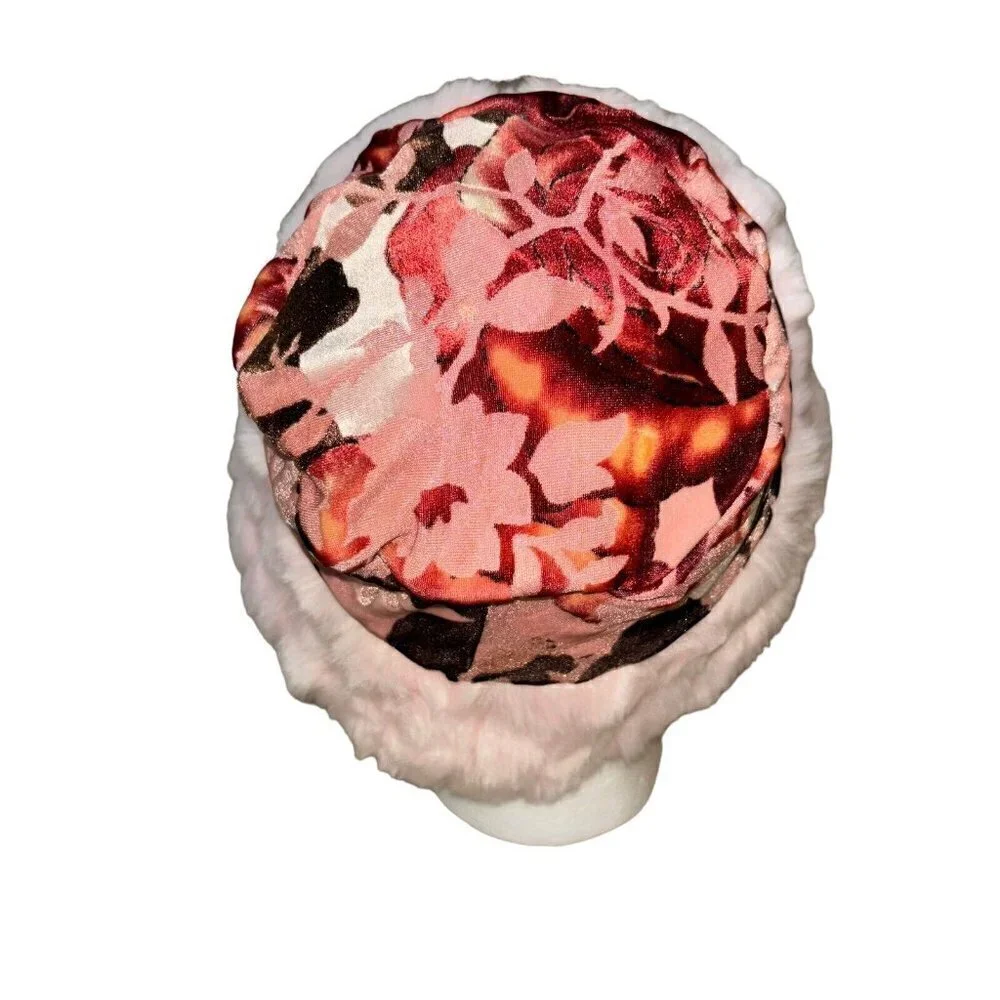 Bebemonde Girl's L Large Bucket Hat Velvet Faux Fur Trim Floral Print NWT